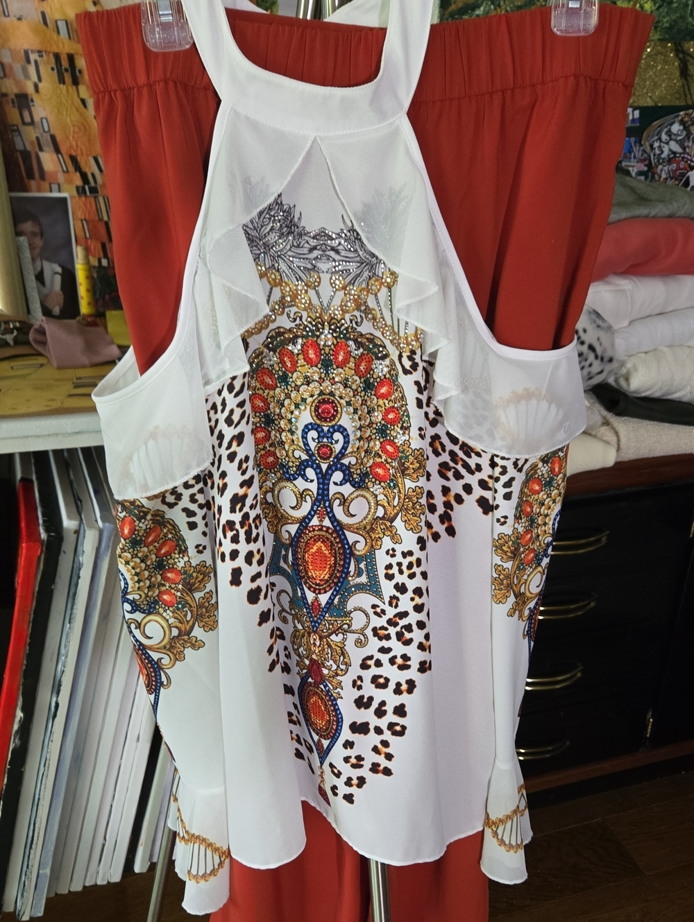 White Sleeveless Beaded Medallion Print Top